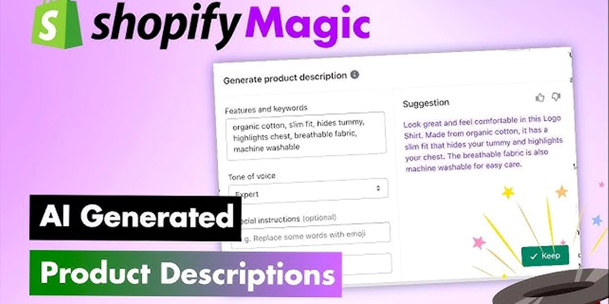 Shopify Magic AI tool used for generating product descriptions, emails, and customer replies directly inside Shopify